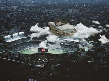 illustration of a vintage car floating above wrigley field in chicago