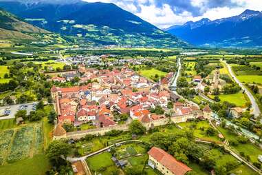 aerial view of fortified village of glorenza or glurns