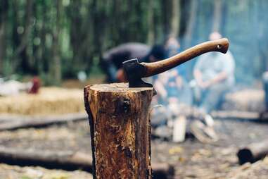 axe lodged in tree stump