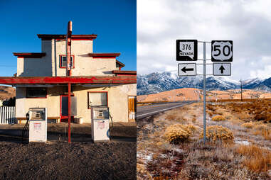 split image of a point of interest on us highway 50 in nevada along with a highway sign that points toward mountains