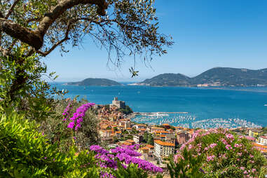 Lerici town and Portovenere or Porto Venere in the background with the Palmaria, Tino and Tinetto Island in the Gulf of La Spezia