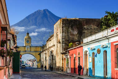 Colonial architecture with mountain behind