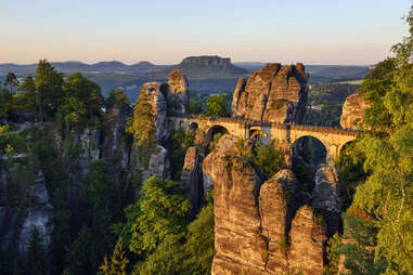 View of the Bastei rock formation at sunrise