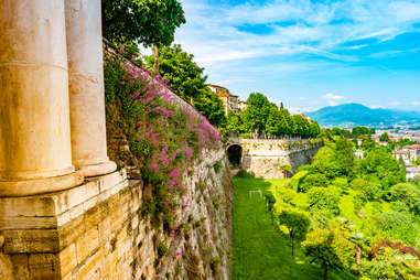 panoramic view from citta alta, columns of city gate and the wall of old castle covered with flowers