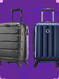 A collage of Samsonite and Delsey roller luggage, over dark purple and light purple background. 